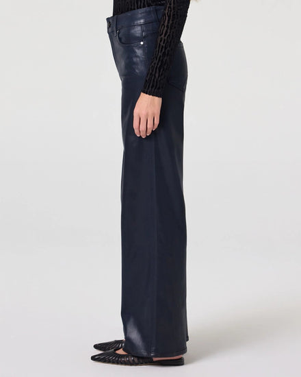 navy blue leather look lux coating wide leg jeans from paige side view