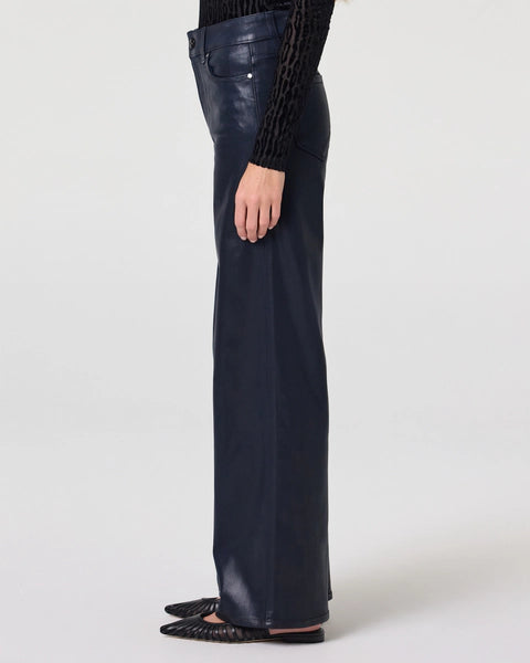 navy blue leather look lux coating wide leg jeans from paige side view