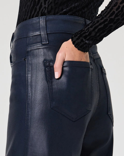 navy blue leather look lux coating wide leg jeans from paige close up of rear view