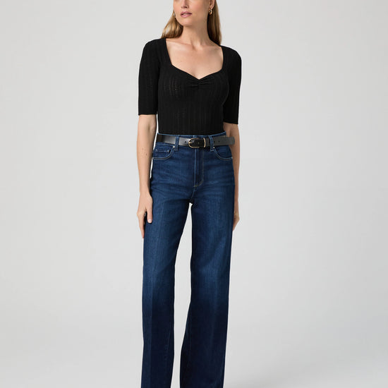 dark blue wide leg jeans with 5 pocket design model shot