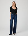 dark blue wide leg jeans with 5 pocket design model shot