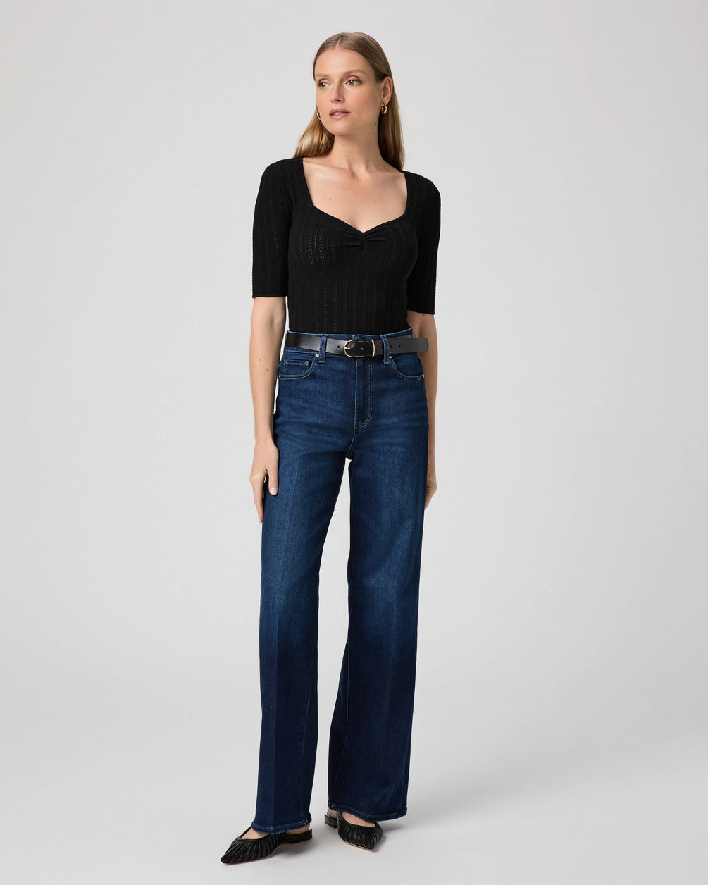 dark blue wide leg jeans with 5 pocket design model shot