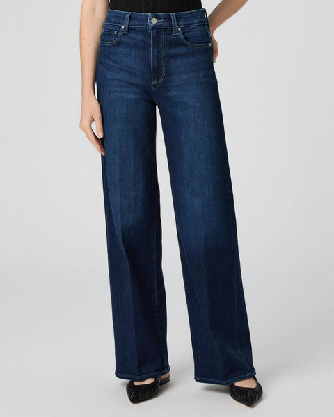 dark blue wide leg jeans with 5 pocket design