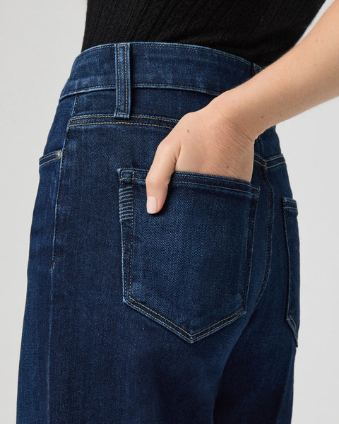 dark blue wide leg jeans with 5 pocket design close up of rear 