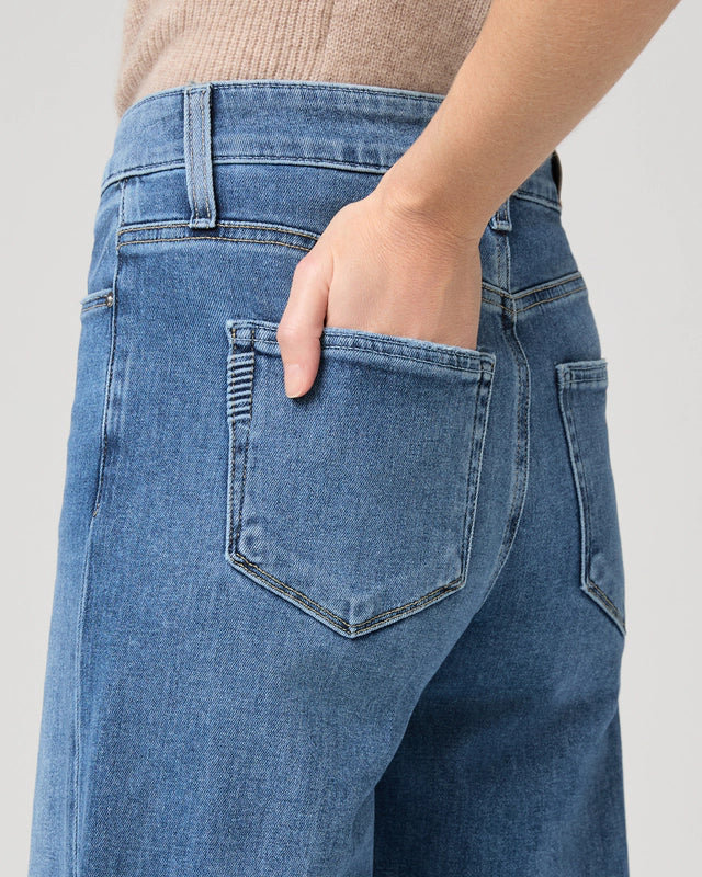 mid blue wide leg jeans from paige close up of rear