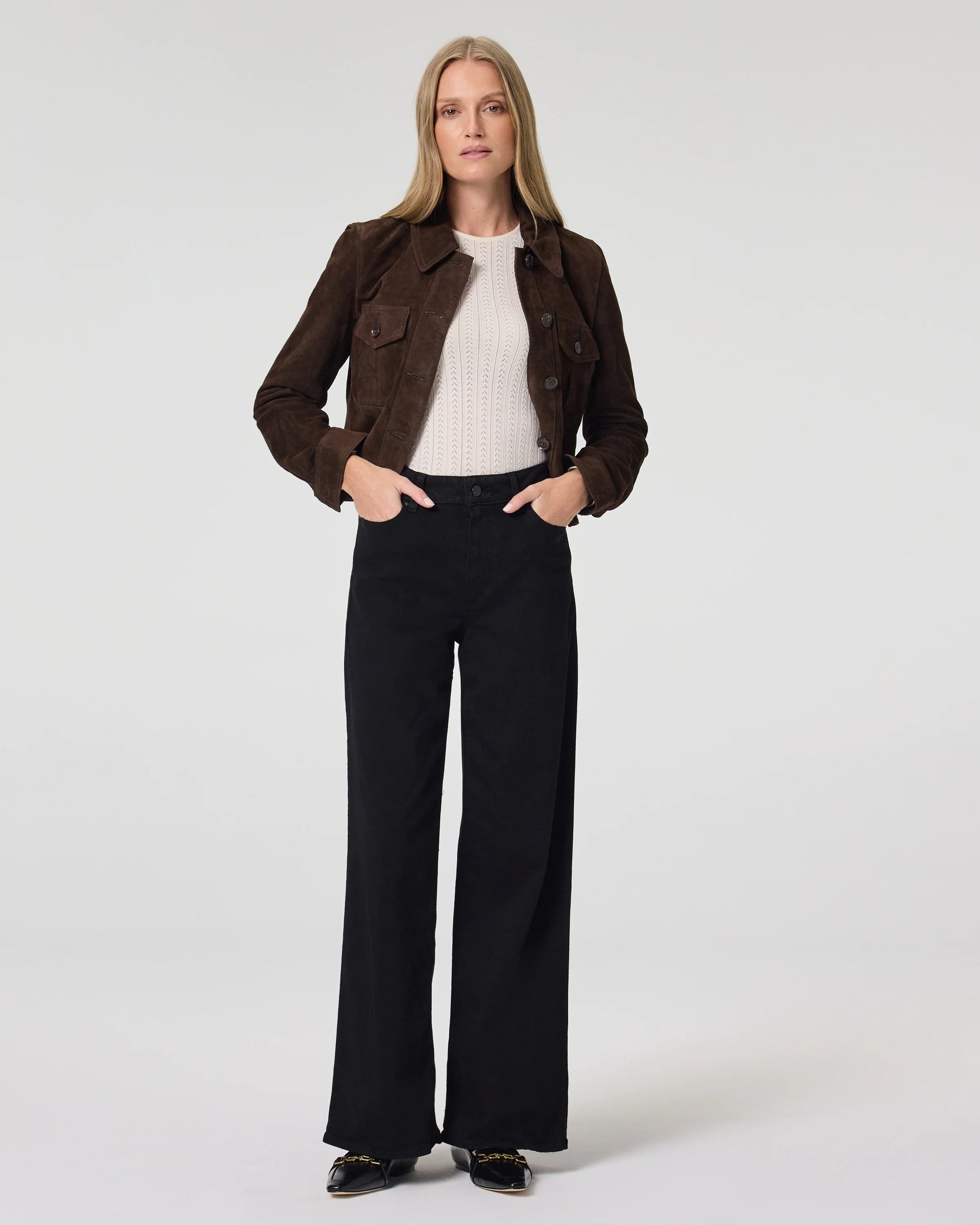 Black wide leg jeans with a high rise from Paige