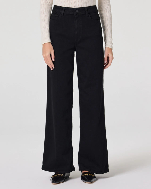 Close up of black wide leg jeans from Paige