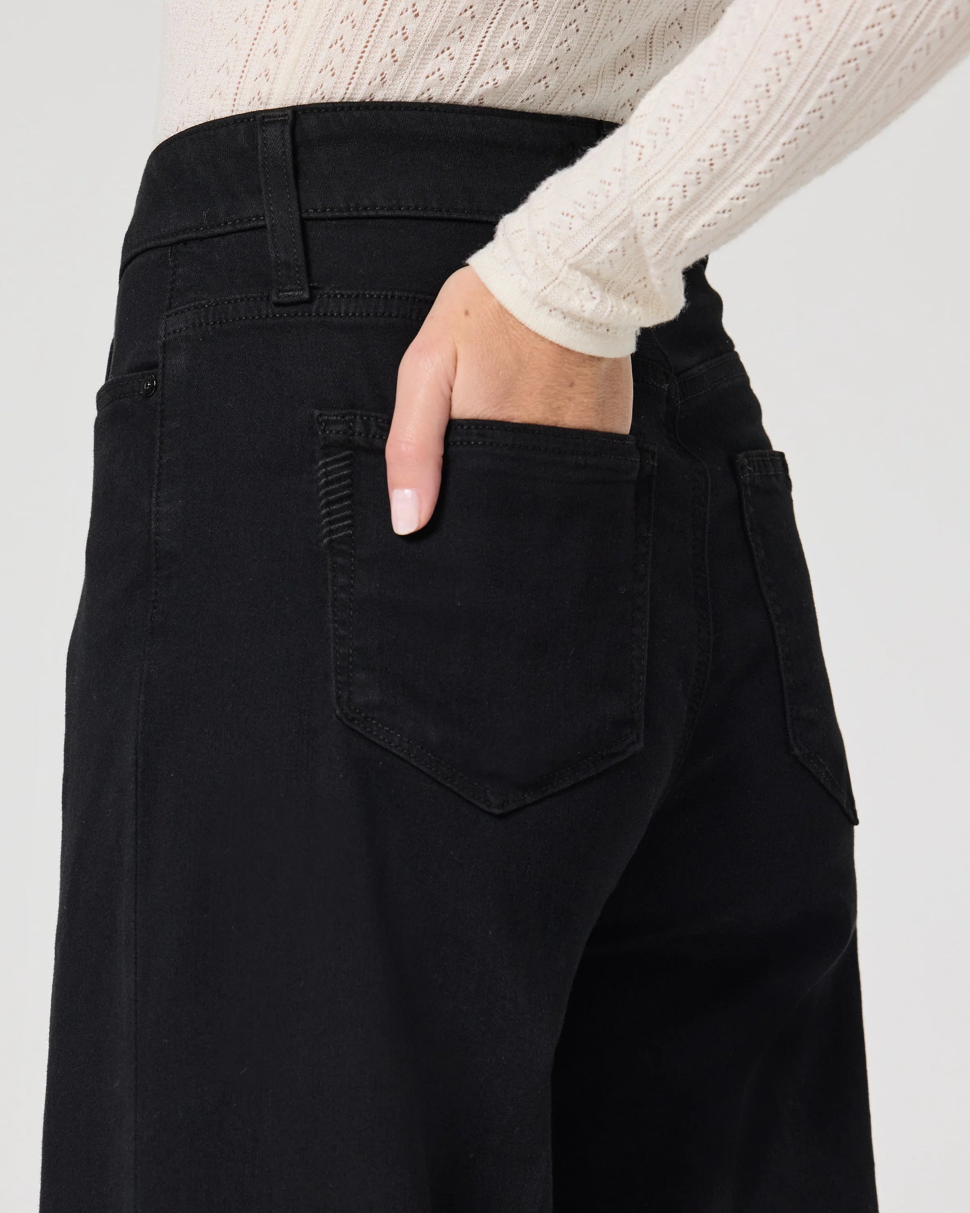 close up of black jeans pocket detail