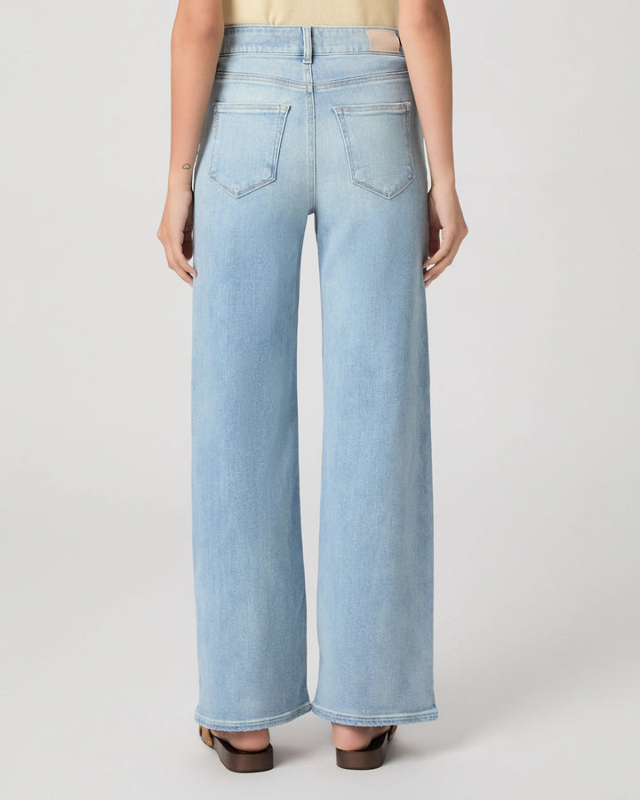 Light blue jeans worn by a person on a white background