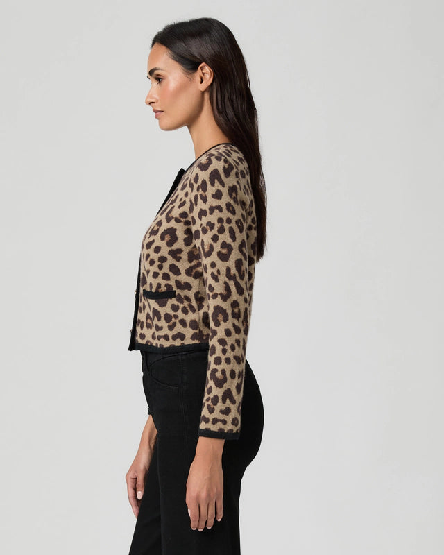 Woman wearing a leopard print cardigan from Paige