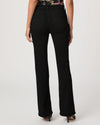 Black flared jeans worn by a person on a white background