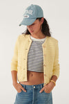 Light yellow basket weave knitted cropped cardigan with metallic gold buttons