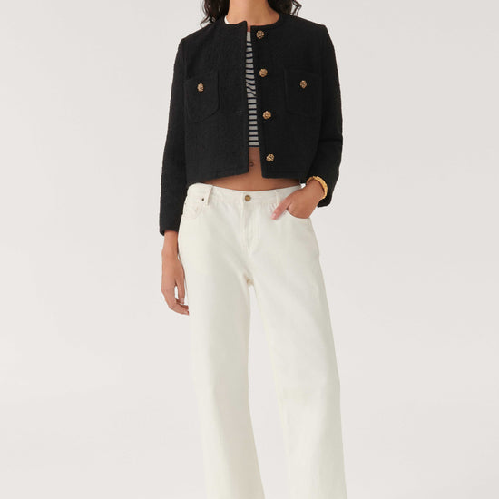 Cropped woven black jacket with two front chest patch pockets and gold buttons