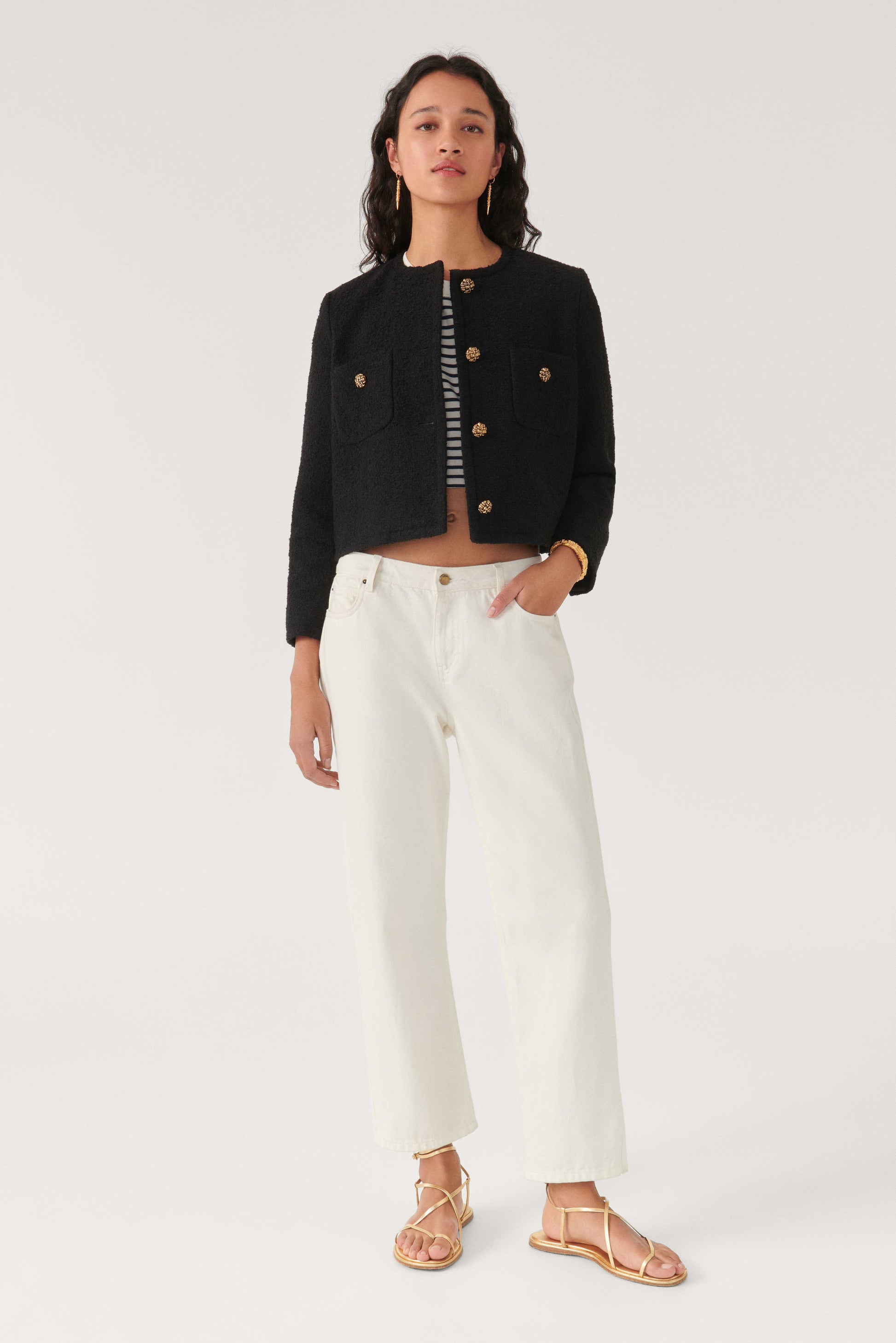 Cropped woven black jacket with two front chest patch pockets and gold buttons