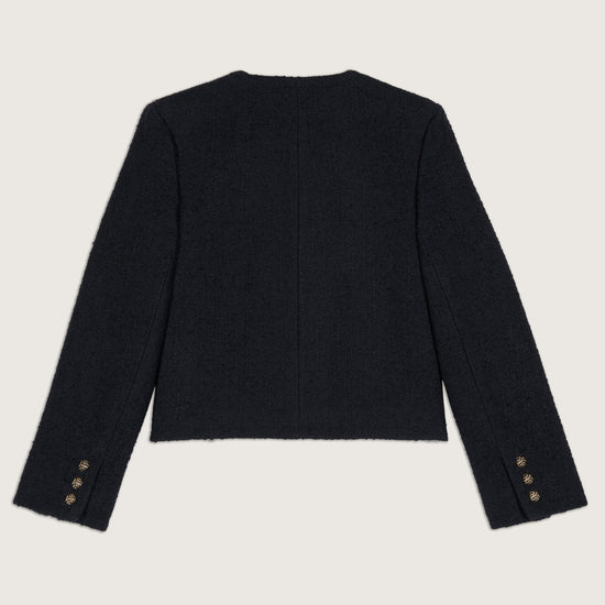 Cropped woven black jacket with two front chest patch pockets and gold buttons