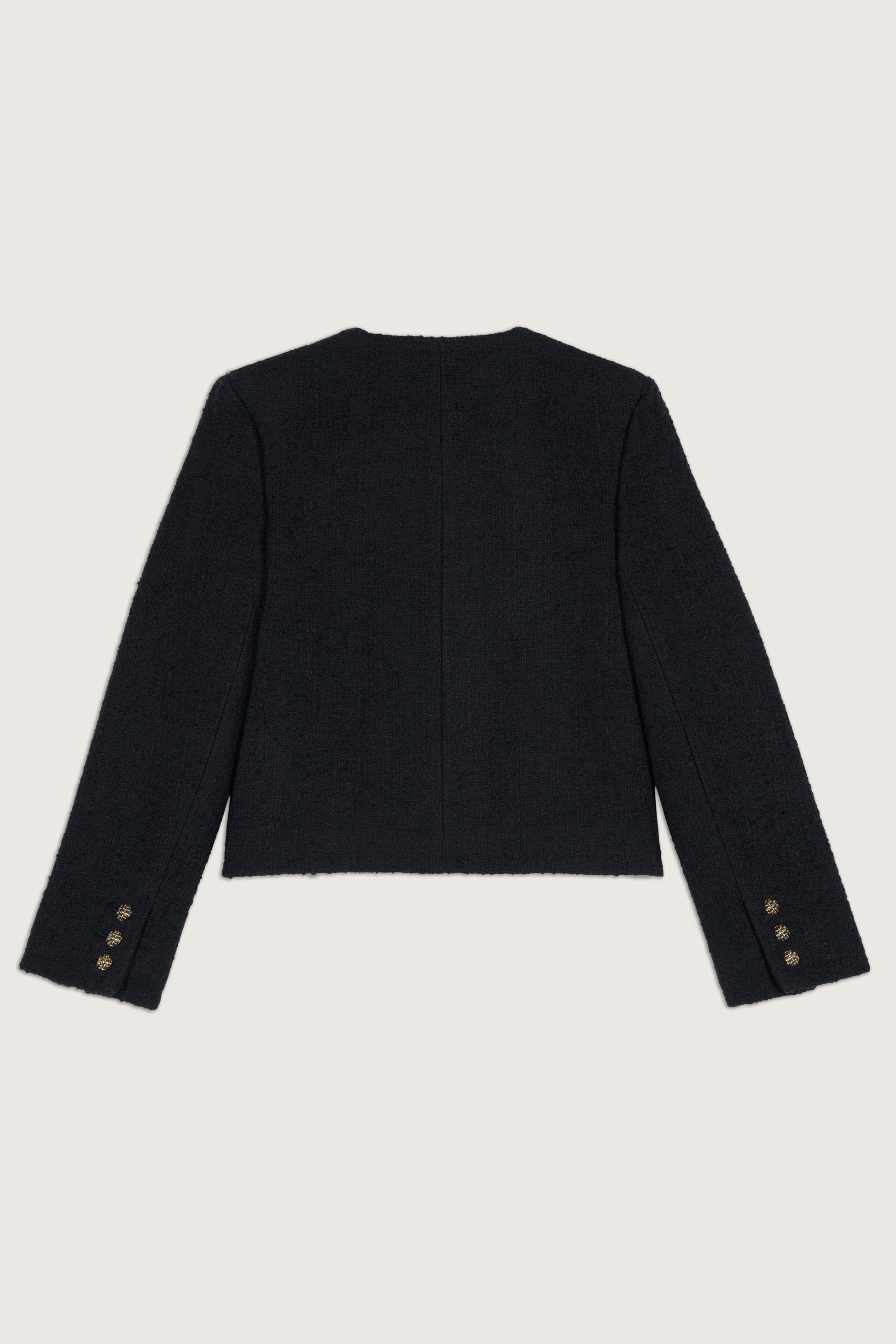 Cropped woven black jacket with two front chest patch pockets and gold buttons