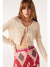 Short fine knit ecru cardigan with crew neck and tie fastening with long sleeves and scalloped edges