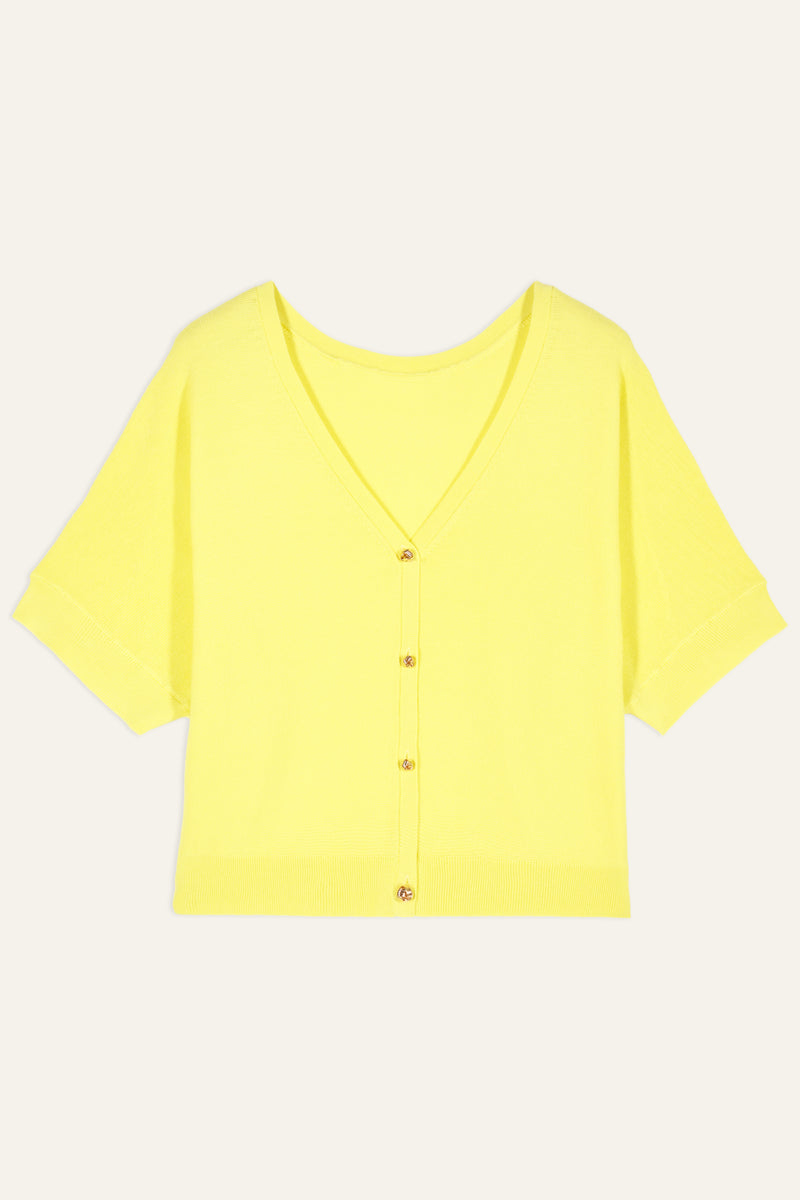 Bright yellow cropped cardigan with deep V neckline and small twist gold metallic buttons