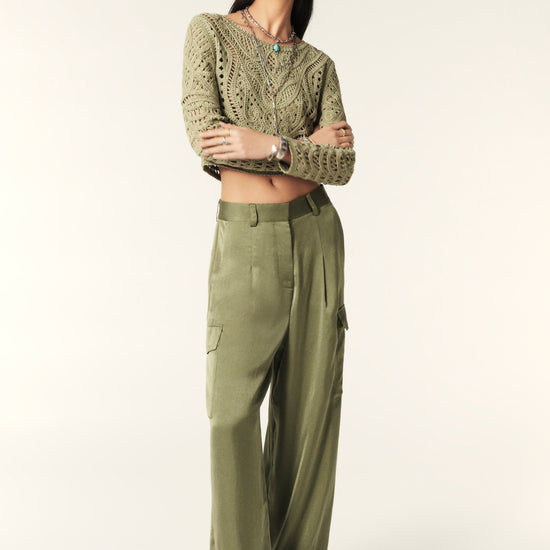 Wide leg cargo trousers in khaki satin fabric