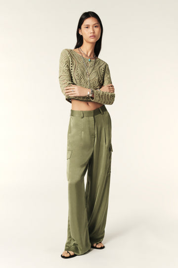 Wide leg cargo trousers in khaki satin fabric