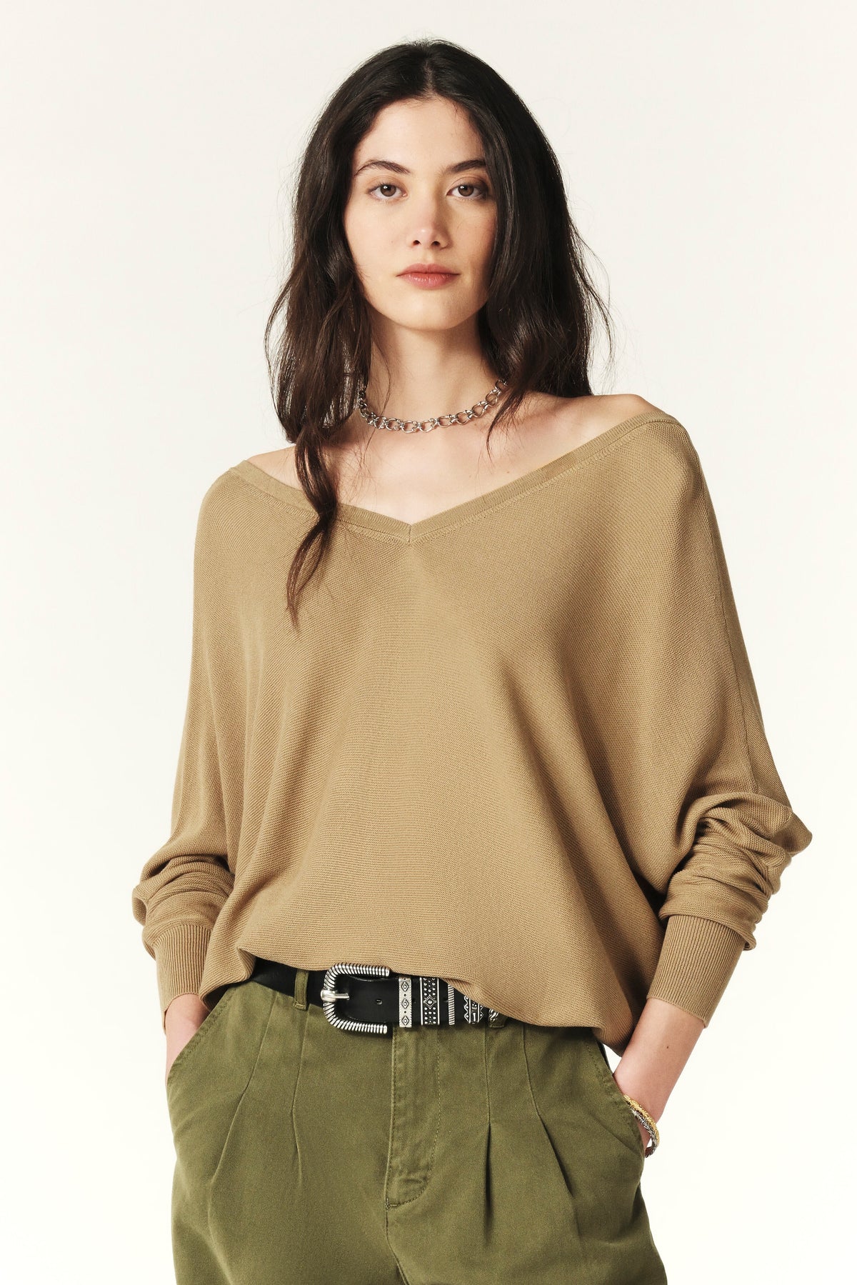 Batwing V neck light weight jumper with dropped shoulders and button backline