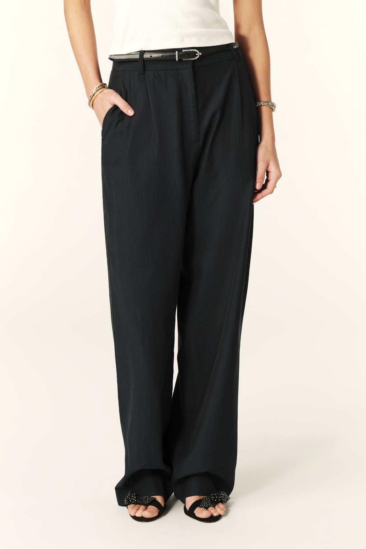 Navy blue smart trousers with front pleats