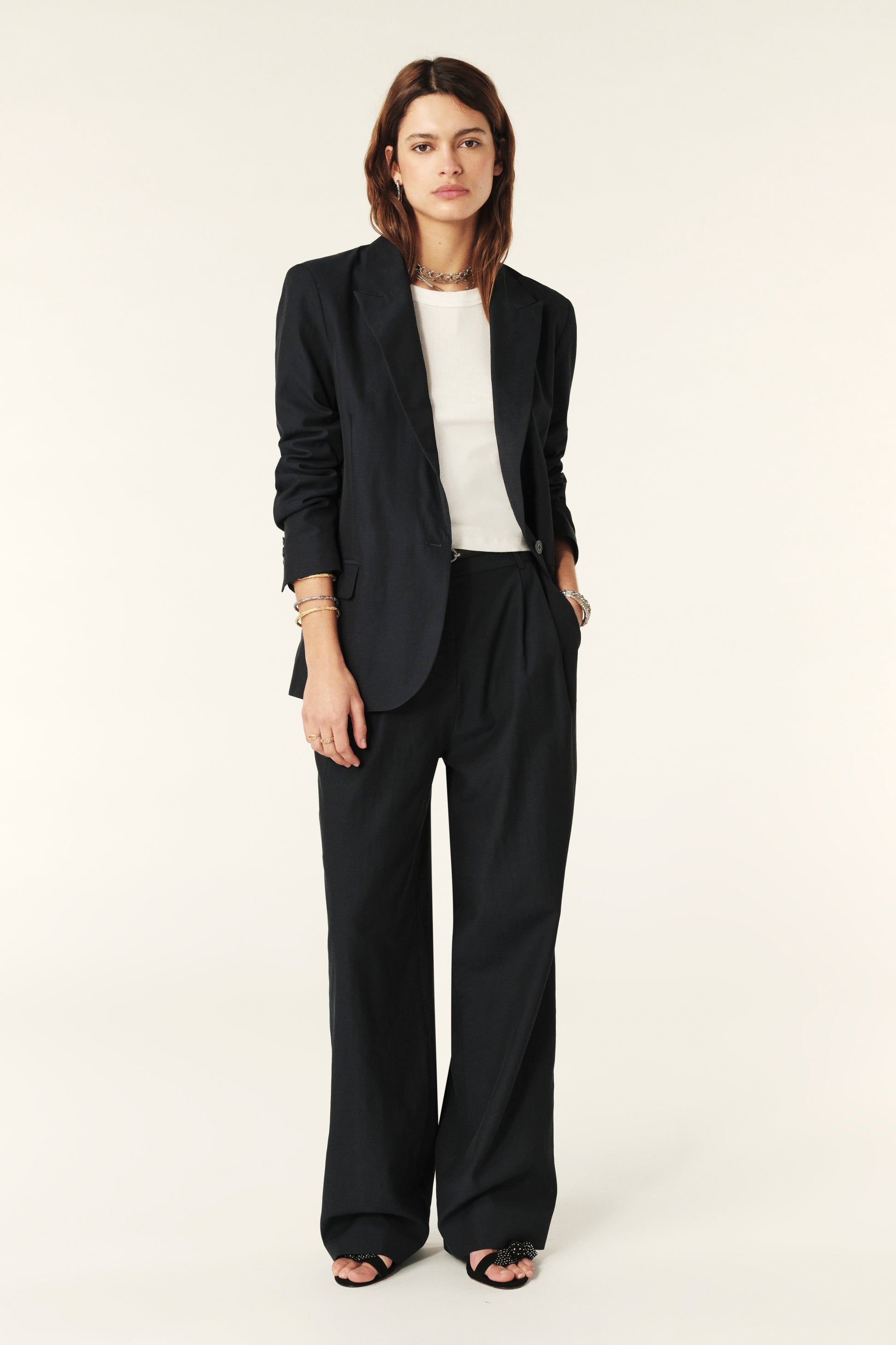 Navy blue smart trousers with front pleats