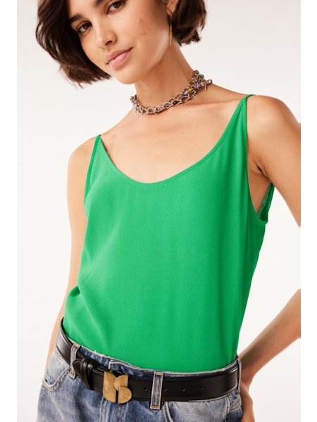 Bright green camisole with thin straps and scoop neck with V backline