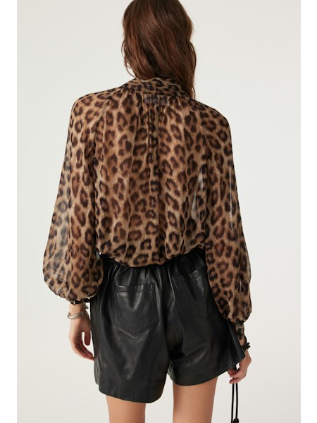 Tie neck animal print top with long sleeves in sheer fabric