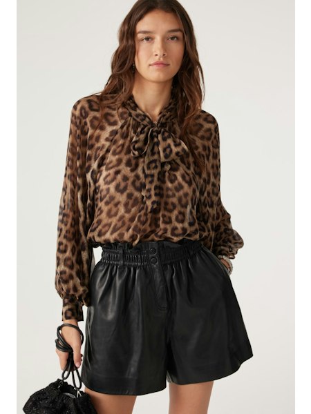 Tie neck animal print top with long sleeves in sheer fabric