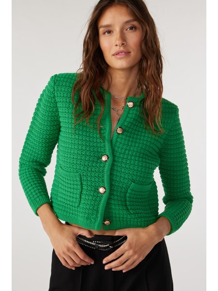 Green knitted cardigan with enamel and gold buttons and front patch pockets