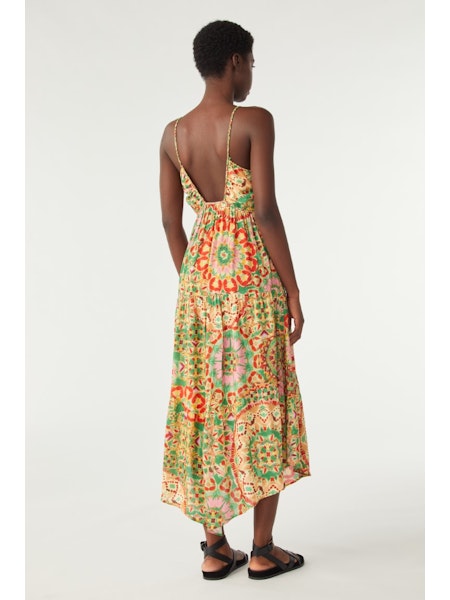 green yellow and red summer dress with thin plaited straps and open back detail in a kaleidoscope inspired pattern