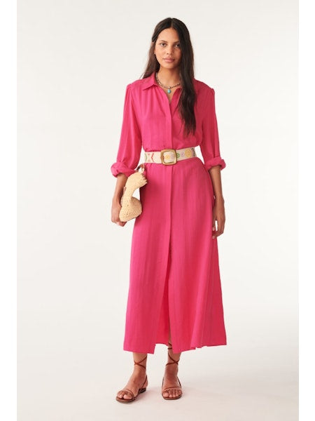 Bright pink shirt dress with long sleeves and removable self tie belt