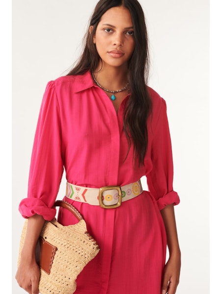 Bright pink shirt dress with long sleeves and removable self tie belt