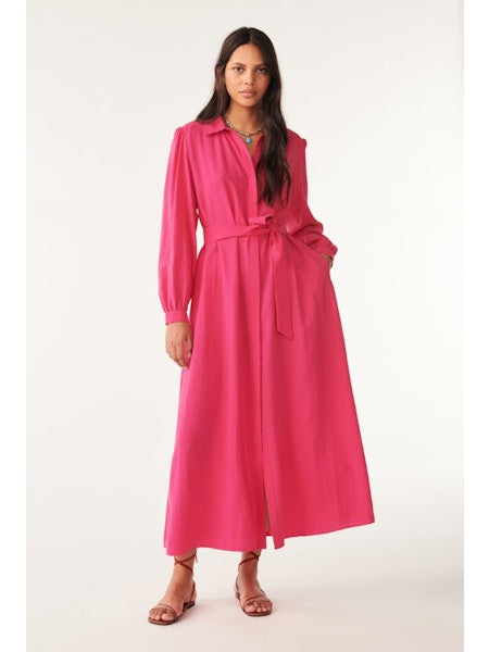 Bright pink shirt dress with long sleeves and removable self tie belt