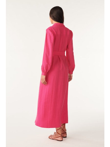Bright pink shirt dress with long sleeves and removable self tie belt