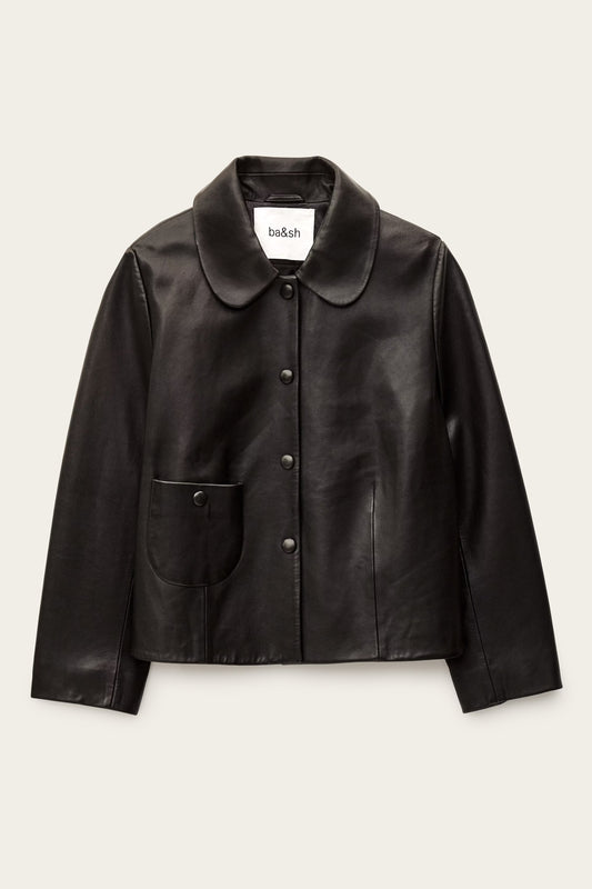 Black leather jacket on a beige background
