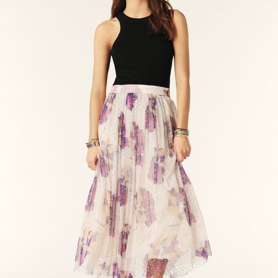 Tulle skirt in ecru with purple floral print and all over iridescent gems