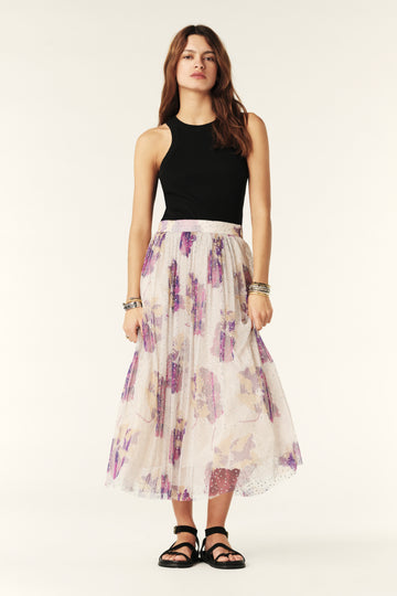 Tulle skirt in ecru with purple floral print and all over iridescent gems