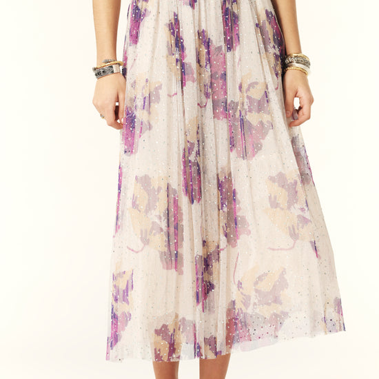 Tulle skirt in ecru with purple floral print and all over iridescent gems