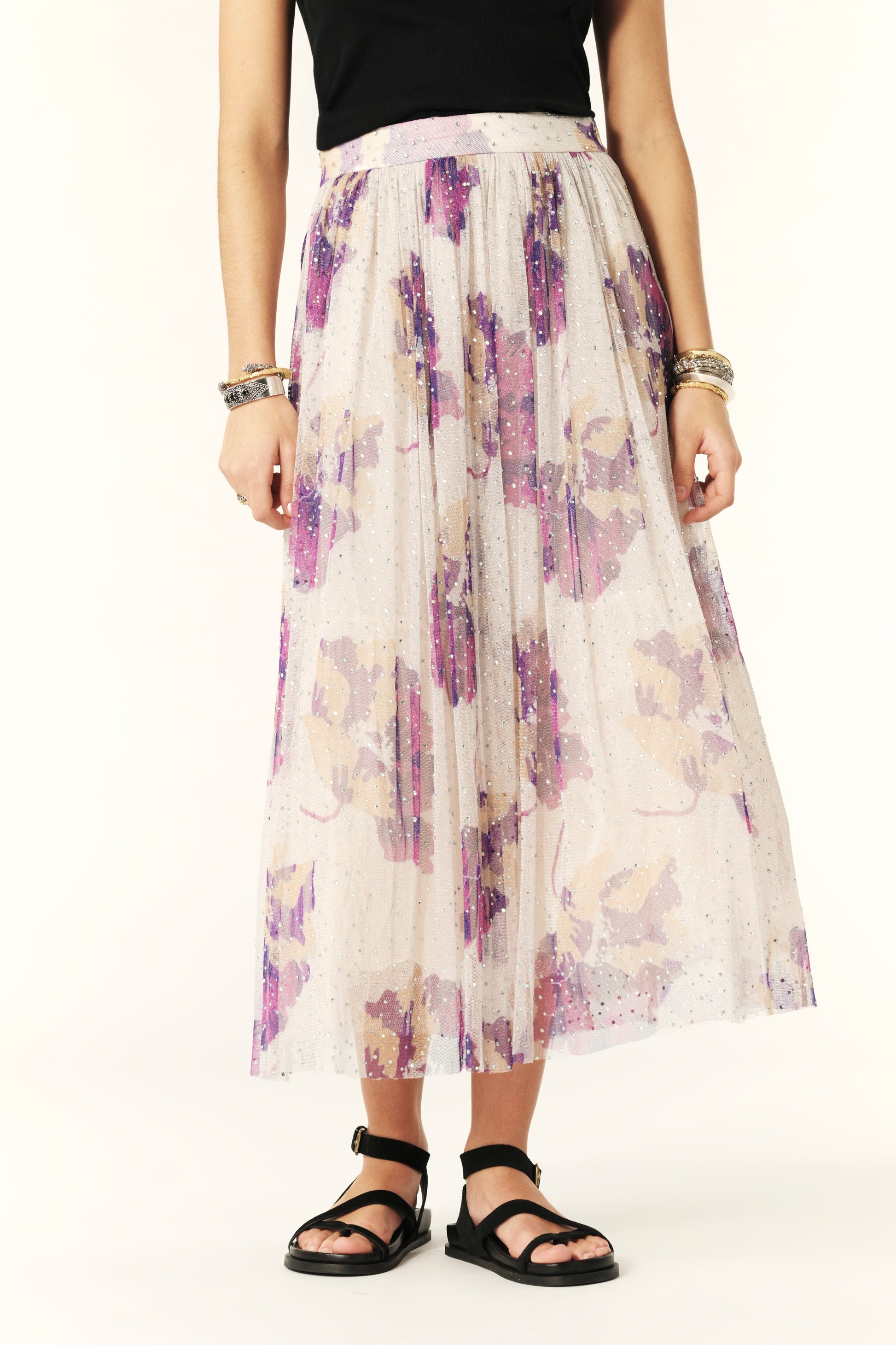 Tulle skirt in ecru with purple floral print and all over iridescent gems