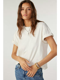 Crew neck white tee with short turn up sleeves and slight cropped length