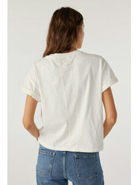 Crew neck white tee with short turn up sleeves and slight cropped length