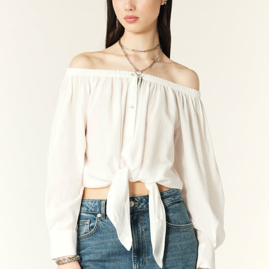 Organic cotton off the shoulder blouse with tie front