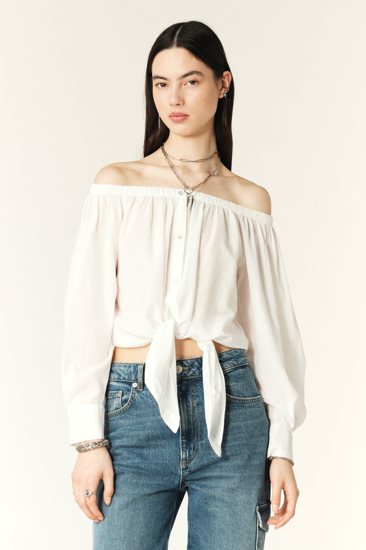 Organic cotton off the shoulder blouse with tie front