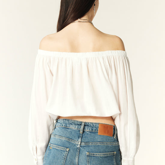 Organic cotton off the shoulder blouse with tie front