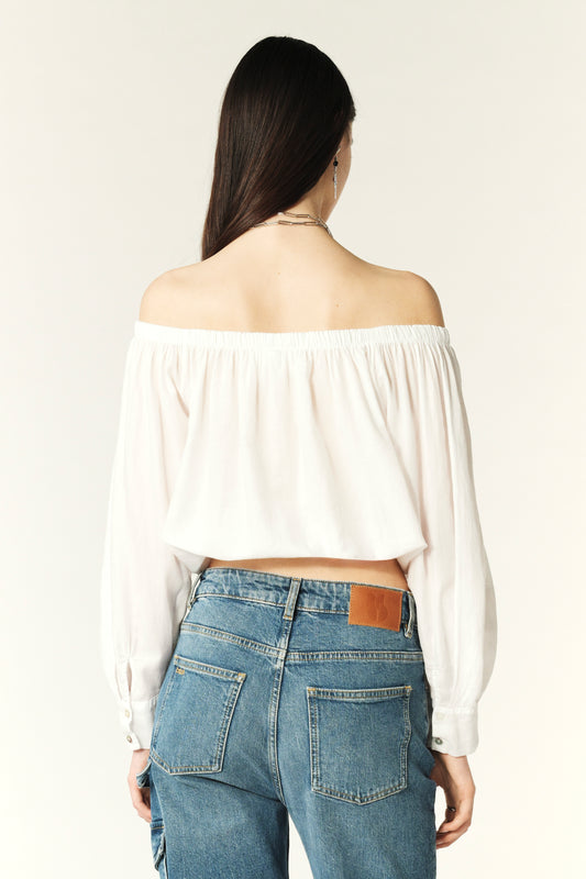 Organic cotton off the shoulder blouse with tie front