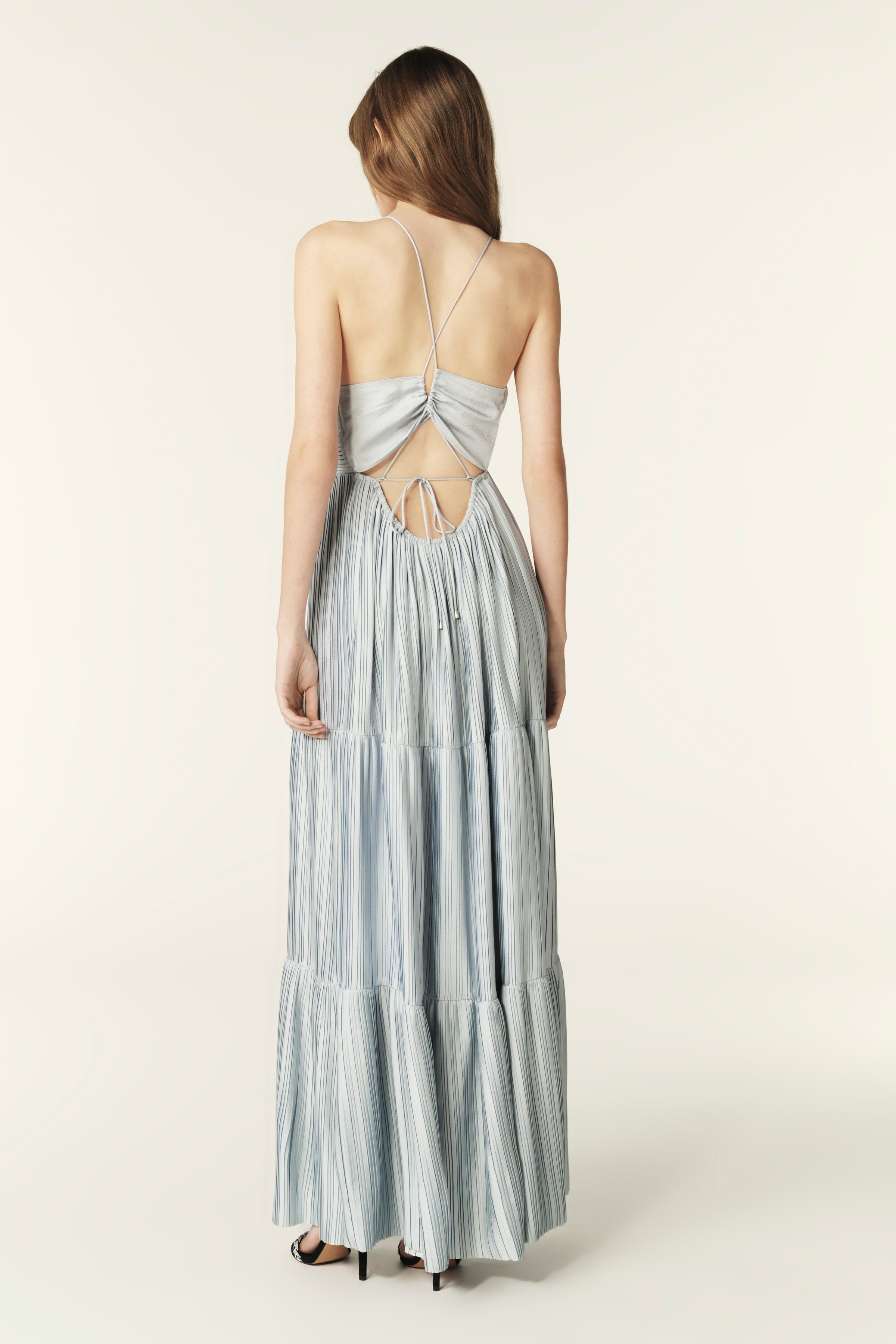 Ice blue strappy maxi dress with triple tiers and open back