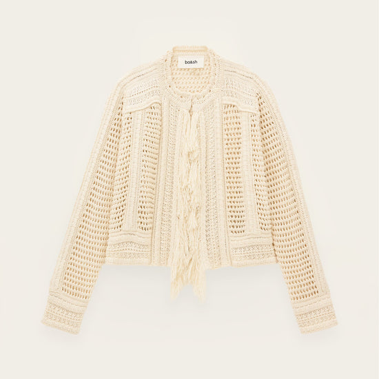 Beige knitted cardigan on a light beige background from bash