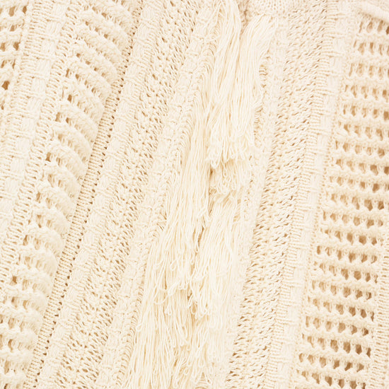 Close-up of beige knitted fabric with various patterns from bash